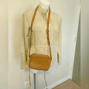 REBECCA MINKOFF Regan Camera Leather Crossbody Bag Camel/Silver hardware